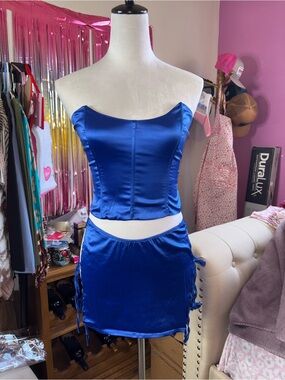 New Pink Satin Royal Blue Two-Piece Mini Skirt Set